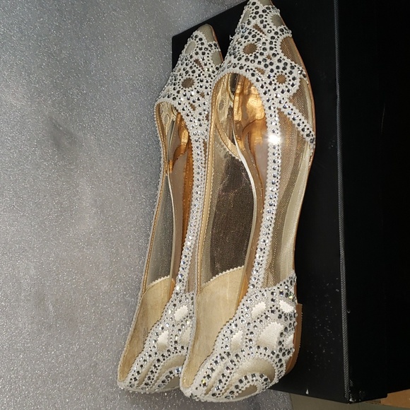 New Badgley Mishka Gigi Pointed Toe Crystal Evening Flats Size 9.5M Ivory - Picture 8 of 10